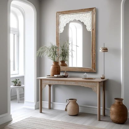 LuxenHome Rectangular Wall Mirror 43" x 27.5" Large Natural Wood Frame Wall Mounted Decorative Farmhouse Accent Mirror for Bathroom Bedroom Entryway Living Room