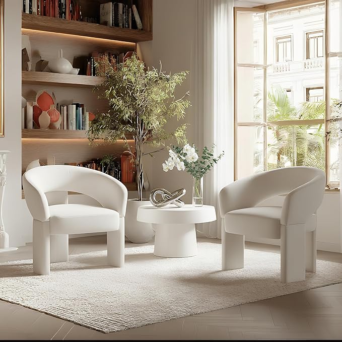 Modern Accent Chairs Set of 2 Cream Velvet Round Barrel Armchairs Comfy Upholstered Lounge Chair for Living Room Bedroom Reading Chair Vanity Chair Comfy Office Waiting Room Chairs