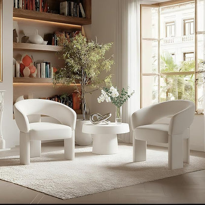 Modern Accent Chairs Set of 2 Cream Velvet Round Barrel Armchairs Comfy Upholstered Lounge Chair for Living Room Bedroom Reading Chair Vanity Chair Comfy Office Waiting Room Chairs