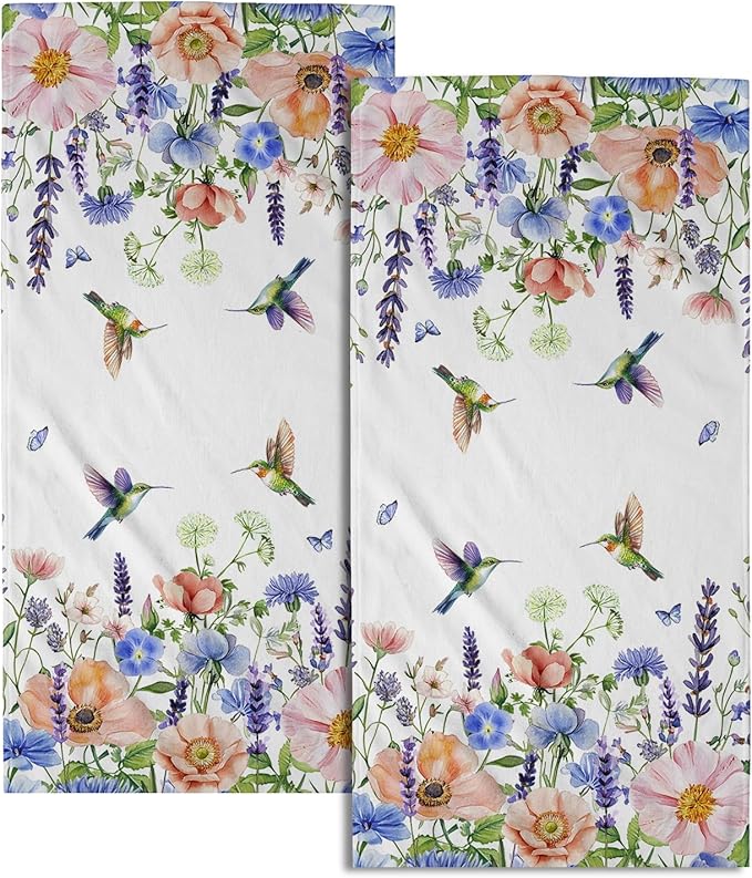 Spring Floral Hand Towels 2 Pack Hummingbird Butterfly Guest Fingertip Towels Soft Absorbent Kitchen 14x28