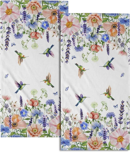 Spring Floral Hand Towels 2 Pack Hummingbird Butterfly Guest Fingertip Towels Soft Absorbent Kitchen 14x28