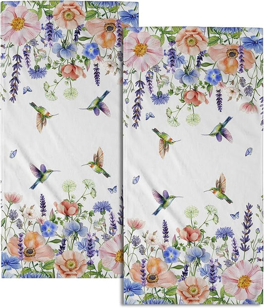 Spring Floral Hand Towels 2 Pack Hummingbird Butterfly Guest Fingertip Towels Soft Absorbent Kitchen 14x28