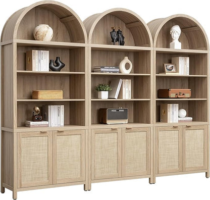 SICOTAS Book Shelf Arched Cabinet Bookshelf Arch 84.2" Tall Bookcase 5 Tier Large Bookshelves with Doors Storage Rattan Boho Wide Book Shelves Case for Living Room Kitchen Office Bedroom Library