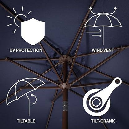 JONATHAN Y UMB1002B Tracy 9 ft. Classic MidCentury Scalloped Fringe Market Patio Umbrella with Auto-Tilt, Crank, Wind Vent and UV Protection in Navy/White