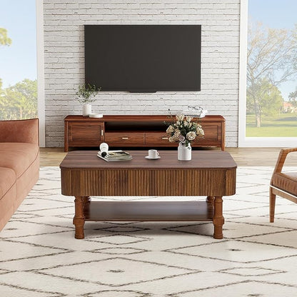 39”Large Lift Top Coffee Table with Hidden Storage Compartment,Fluted Coffee Tables Fully Assembled Wooden Center Table,Mid Century Modern Lift Tabletop Dining Table for Living Room Home Office,Walnut