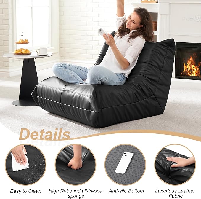 Hobestluk Giant Bean Bag Chair Lazy Floor Sofa, Fireside Sofa for Adults, Big Beanbag Faux Leather Armless Chair for Living Room Bedroom Dorm Office (Black, Single)