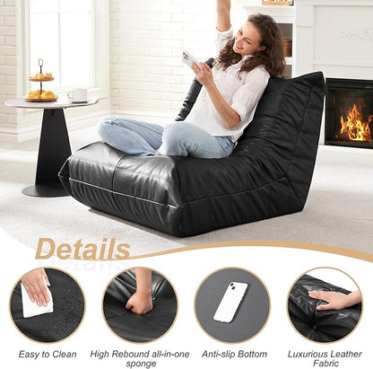 Hobestluk Giant Bean Bag Chair Lazy Floor Sofa, Fireside Sofa for Adults, Big Beanbag Faux Leather Armless Chair for Living Room Bedroom Dorm Office (Black, Single)