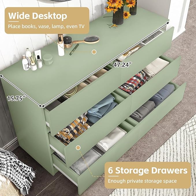 6 Drawer Dresser for Bedroom,Wide Wood Dresser,Farmhouse Large Bedroom Dressers with Drawers,Chest of Drawers for Living Room,Hallway,Closet(Green)