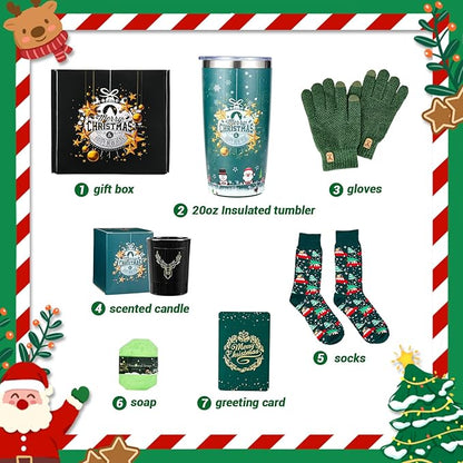 Christmas Gifts 2025,Christmas Gifts Basket for Women Men Merry Christmas Xmas Gift Basket Ideas Unique Xmas Present with ScentedCandle Glove Socks TumblerGift Set for Best Friends Coworker Teacher