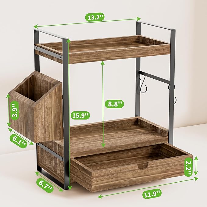2-Tier Bathroom Counter Organizer with Drawer and Basket, Wood Countertop Organizer for Storage, Skincare Organizers for Vanity, Counter Shelf for Bathroom Organization(Dark Brown)