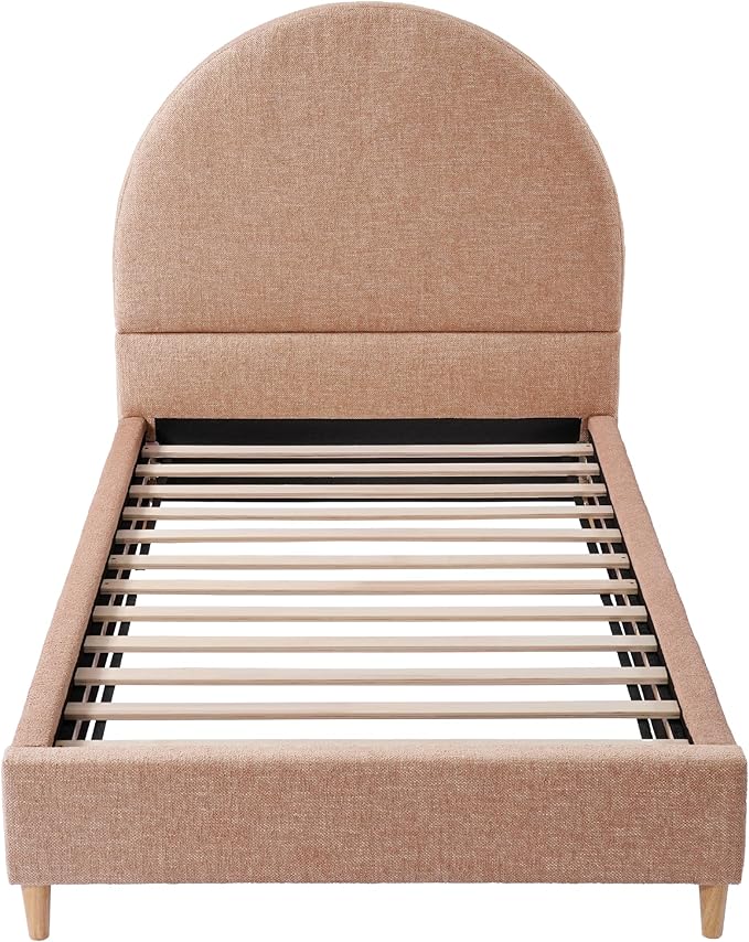 DG Casa Quinn Twin Upholstered Platform Bed Frame, Arch-Shaped Headboard, Solid Natural Wood Legs, Timeless Modern Design, Curved Headboard, Wooden Slat Support System, Blush