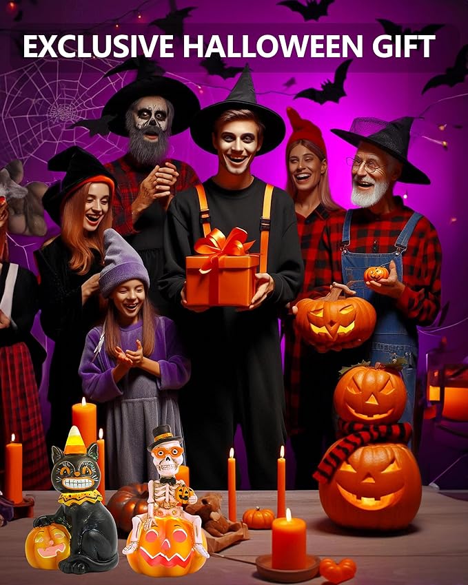 Vintage Halloween Decorations Indoor - 2-Pack 4.7'' Resin Skeleton Gentleman & Black Cat Figurine with Flickering Pumpkin Lights - Halloween Table Decor Gifts (Jack-O’-Lantern)