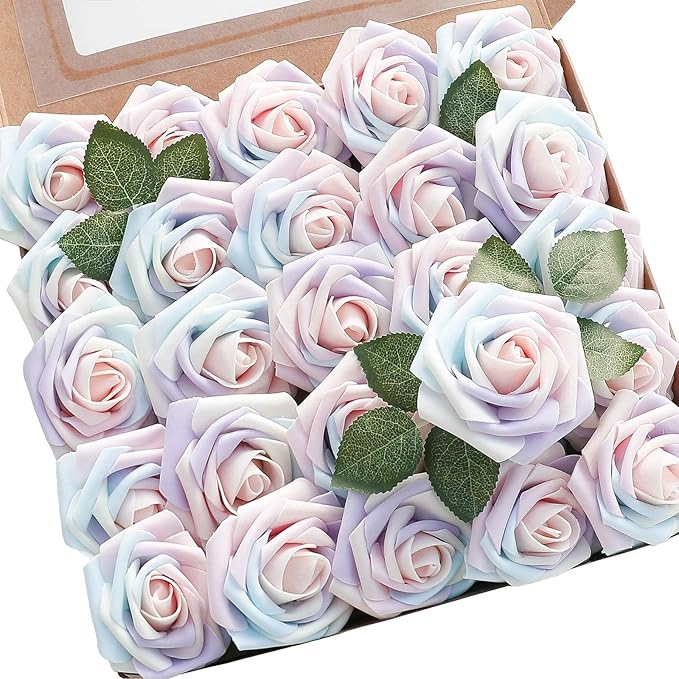 Floroom Artificial Flowers 25pcs Real Looking Whimsical Blush Foam Fake Roses with Stems for DIY Wedding Bouquets Baby Shower Centerpieces Floral Arrangements Party Tables Home Decorations
