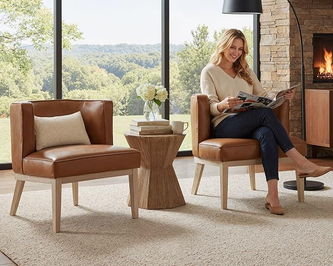 Comfy Barrel Chair Mid Century Modern Accent Chair with Solid Wood Leg Upholstered Reading Arm Chair Faux Leather Waiting Room Round Side Chairs for Small Spaces Living Room Bedroom Office, Brown