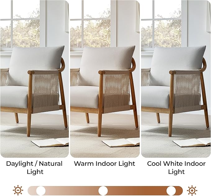 CHITA Braid Accent Chair, Modern Armchair with Solid Wooden Armrest for Living Room and Bedroom, Boho Reading Chair, Light Grey