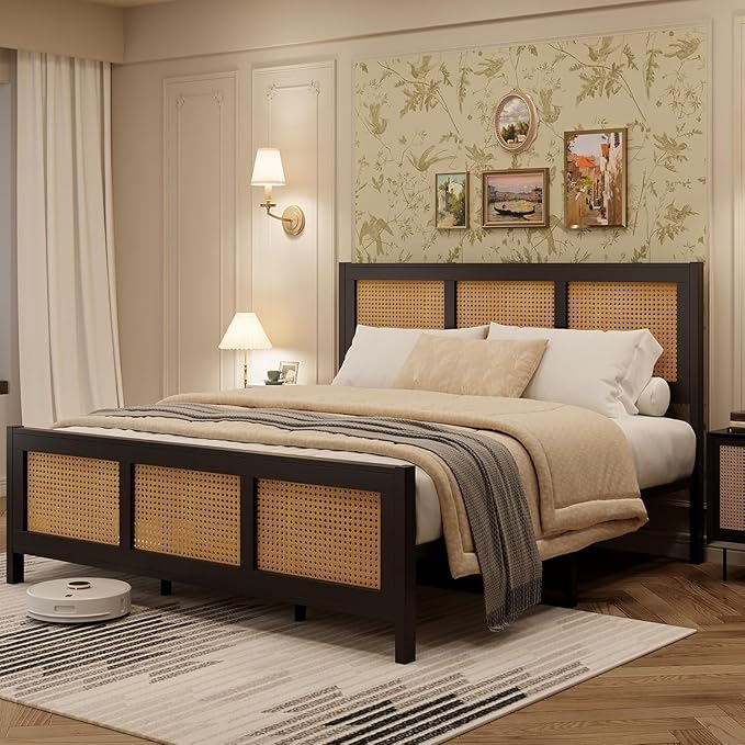 GarveeHome King Size Rattan Bed Frame with Headboard, Black Boho Cane Platform Bed Frame with Strong Metal Slat, Noise Free, No Box Spring Needed