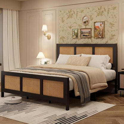 GarveeHome King Size Rattan Bed Frame with Headboard, Black Boho Cane Platform Bed Frame with Strong Metal Slat, Noise Free, No Box Spring Needed