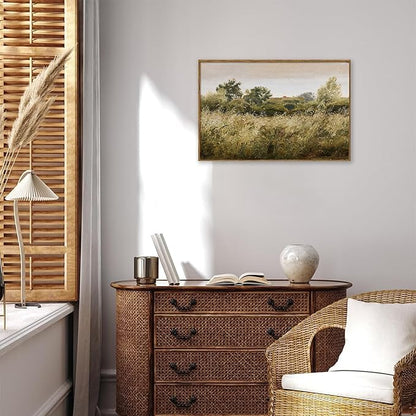 KBKBART Framed Canvas Wall Art, Vintage Meadow Landscape Wall Art Prints, Retro Country Wildflower Field Farmhouse Wall Decor Ready To Hang for Bedroom, Bathroom, Living Room, Kitchen, Vintage Room