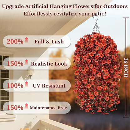 Yastouay 2 Pack Artificial Fall Hanging for Outdoors, Fake Hanging Plants Artificial Decor, Silk Orange Fake Mums Fall Flowers Artificial for Decoration Porch Front Door Yard Fall Decor
