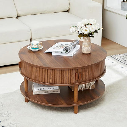 31.5” Round Coffee Table with Storage, Mid Century Modern 2 Tier Coffee Table with Tambour Sliding Door, Solid Wood Legs Fluted Center Table for Living Room Home Office Small Space, Walnut