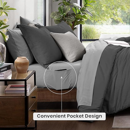 Monbix King Size Comforter Set, Dark Grey King Size Bed Set Reversible 7 Pieces, Cationic Dyeing Bed in a Bag with Comforter, Sheets, Pillowcases & Shams