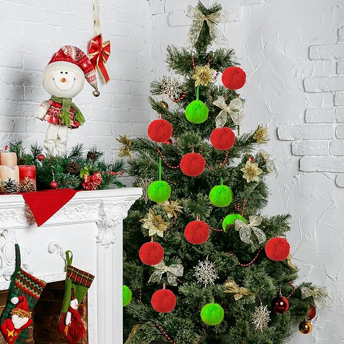 12Pcs Lime Green and Red 3.15 Inch Furry Christmas Ornaments, Soft Fluffy Fuzzy Pom Pom Balls, Christmas Decorations Hanging Ornaments for Christmas Tree, Holiday Party, DIY Craft, and Mantel Decor