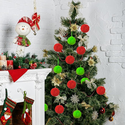 12Pcs Lime Green and Red 3.15 Inch Furry Christmas Ornaments, Soft Fluffy Fuzzy Pom Pom Balls, Christmas Decorations Hanging Ornaments for Christmas Tree, Holiday Party, DIY Craft, and Mantel Decor