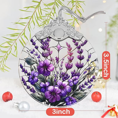 Touber Stained Glass Christmas Ornament, Purple Bauhinia & Violets, 3x3.5 Inch, Hanging, Christmas Tree Decoration