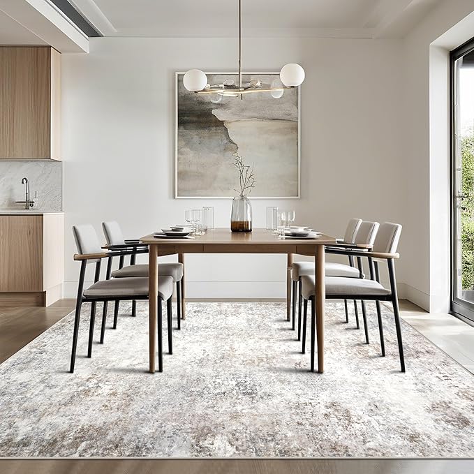 Modern Washable Rugs 9x12 Area Rugs for Living Room,Abstract Rugs for Bedroom,Large Carpets,Ultra Soft Faux Wool Retro Dining Room Rug,Non Slip&Non-Shedding Low Pile Print Rug- Beige Grey