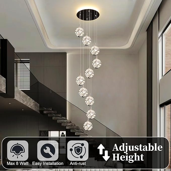 10-Light High Ceilings Long Chandeliers Modern Crystal Staircase Chandelier Hanging Lighting Fixtures Long Raindrop Hanging Chandeliers for Staircase,Foyer,Entryway