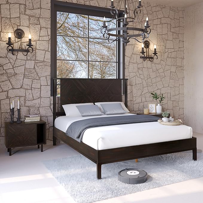 Bme Ethan Queen Bed Frame with Diamond Headboard, Mid-Century Modern, Solid Acacia Wood, No Box Spring Needed, Fits All Mattresses, Rustic Black