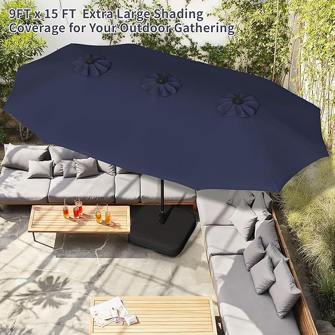Shintenchi 16FT Large Patio Umbrella with Base, Outdoor Double-Sided Rectangular Umbrella, Market Umbrella with Crank Handle for Poolside Lawn Garden, Dark Blue