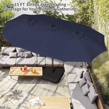 Shintenchi 16FT Large Patio Umbrella with Base, Outdoor Double-Sided Rectangular Umbrella, Market Umbrella with Crank Handle for Poolside Lawn Garden, Dark Blue
