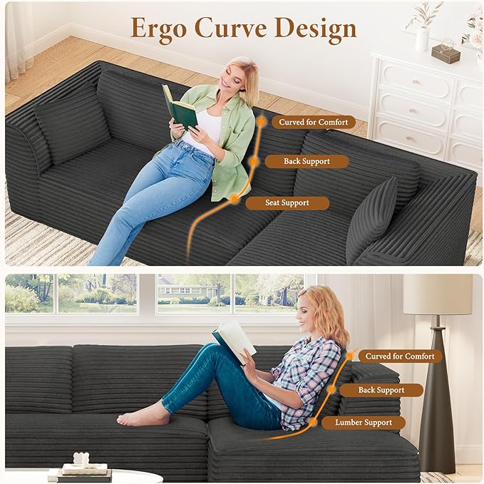 Vesgantti 106" Modular Sectional Sofa with Chaise, Deep Seat Comfy Cloud  Corduroy L Shaped Sofa Sectional for Living Room Bedroom, No Assembly Required (Grey, Right-Facing Chaise)
