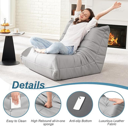 Hobestluk Giant Bean Bag Chair Lazy Floor Sofa, Fireside Sofa for Adults, Big Beanbag Faux Leather Armless Chair for Living Room Bedroom Dorm Office (Light Grey, Single)