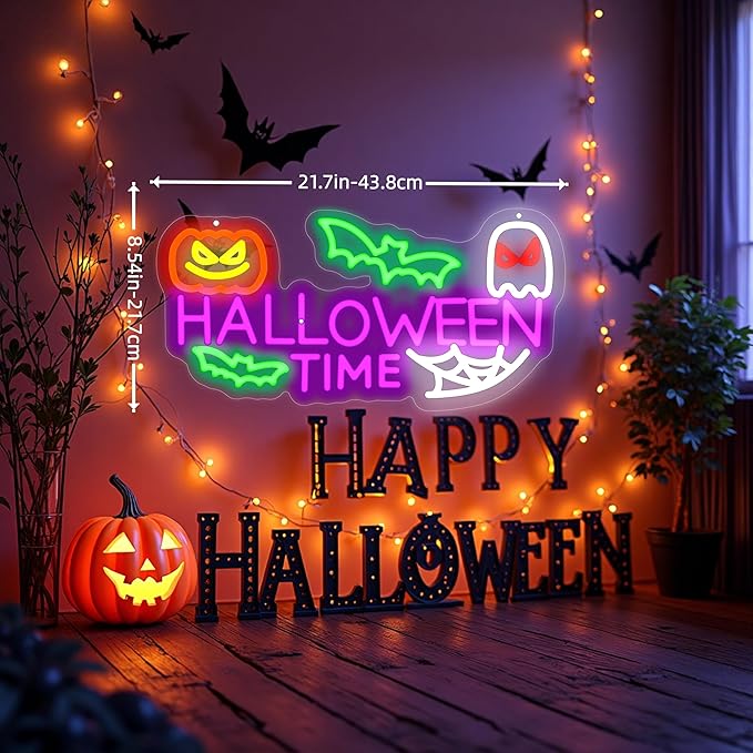 Halloween Time Neon Sign Ghost Decor Sign Spooky Neon Sign, Halloween Hanging Neon Light for Bat Pumpkin Neon Light for Bar Man Cave Horror Party Game Room Man Cave Horror Party Game Room