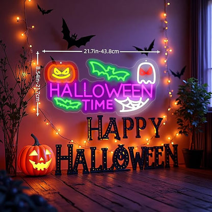 Halloween Time Neon Sign Ghost Decor Sign Spooky Neon Sign, Halloween Hanging Neon Light for Bat Pumpkin Neon Light for Bar Man Cave Horror Party Game Room Man Cave Horror Party Game Room