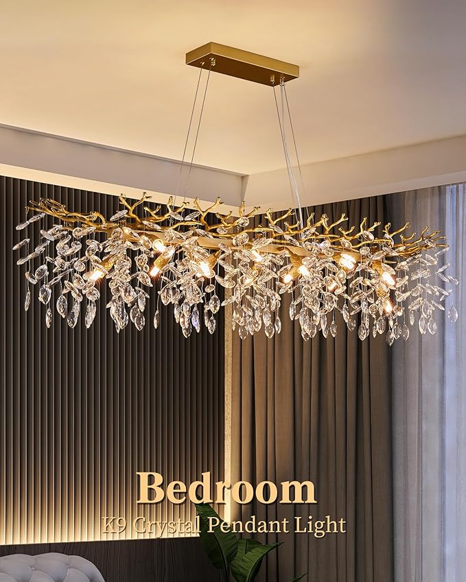 Tree Branch Chandelier Modern Gold Crystal Chandeliers 14 Lights Rectangular 47.2" Hanging Pendant Light Fixture for Kitchen Island Living Room Dining Room Foyer Entryway