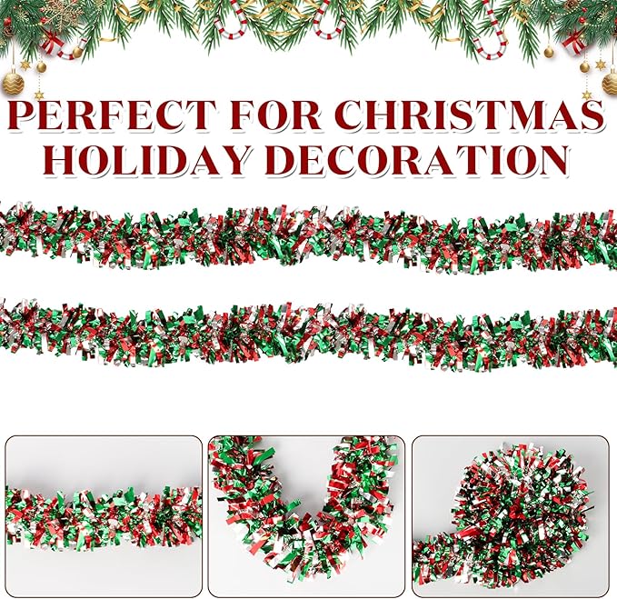 50Ft Christmas Tinsel Garland - Red Green Silver Shiny Metallic Twist Decor for Christmas Tree Home Stairs Railing Front Door Mantle Fireplace Indoor Outdoor Holiday Party