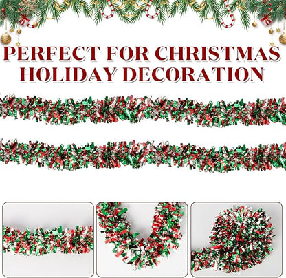 50Ft Christmas Tinsel Garland - Red Green Silver Shiny Metallic Twist Decor for Christmas Tree Home Stairs Railing Front Door Mantle Fireplace Indoor Outdoor Holiday Party
