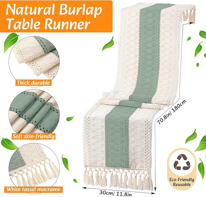 4 Sets Boho Placemats Round Woven Placemats, Cloth Napkins, Wood Bead Napkin Rings, Long Table Runner and Farmhouse Rustic Natural Burlap Cotton for Kitchen Table Home (Green)