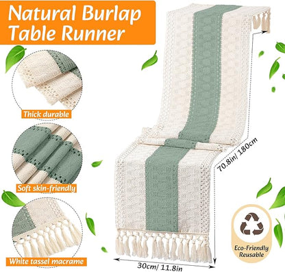 4 Sets Boho Placemats Round Woven Placemats, Cloth Napkins, Wood Bead Napkin Rings, Long Table Runner and Farmhouse Rustic Natural Burlap Cotton for Kitchen Table Home (Green)