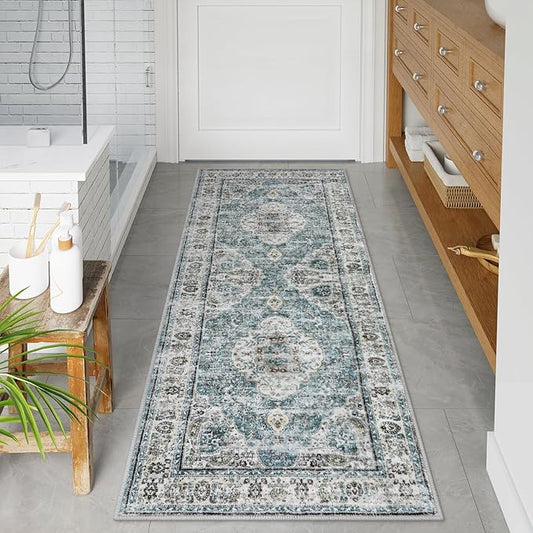 Uphome Bathroom Runner Rug, Distressed Tribal Farmhouse Blue Bathroom Mat, Long Bathroom Rugs Non Slip Washable, Oriental Retro Boho Bath Mat Runner for Bathtub Sink Hallway, 24x59 inch