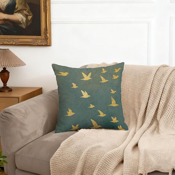 Japanese Elegant Gold Crane Bird Pillow Covers 18x18, Japandi Home Decor, Modern Minimalist Traditional Oriental Asian Birds Pillow Cover Pillowcase for Home Bedroom Bed Couch Living Room