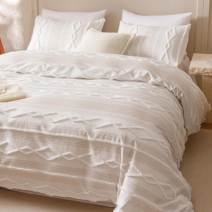 CLOTHKNOW Boho White King Size Comforter Set 3Pcs Farmhouse Bedding Comforter Sets Clipped Jacquard Stripes Comforter White Khaki Comforter Soft