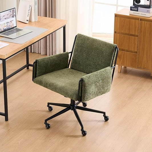 Rowill Modern Office Chair, Swivel Desk Chair, Green Boucle Fabric, Adjustable Height, 300 LBS Capacity, Wheels, Arm Rest, Perfect for Home Office, Bedroom, Makeup Room