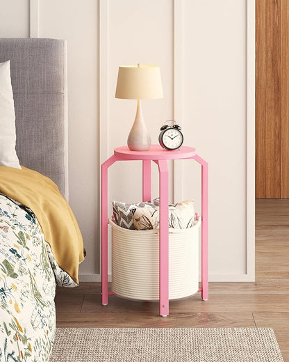TUTOTAK Small Side Table, Round End Table, Night Stand, Bedside Table, Sofa Table with Storage Basket, Living Room, Bed Room, Pink TB01BP092