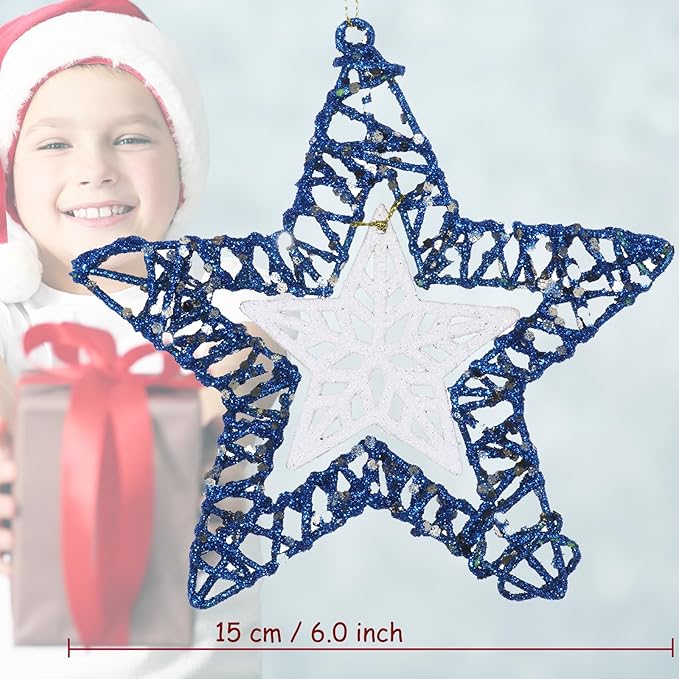 Set of 3 Star Christmas Hanging Ornaments, Glitter Star for Holiday Decorations, Winter Christmas Window Hanging - 6" Diameter (Blue)