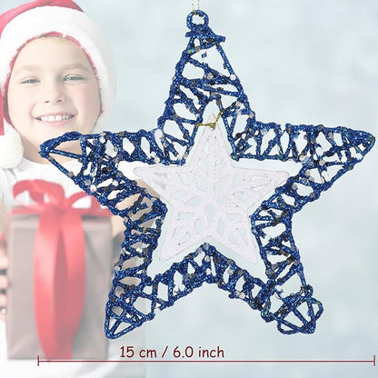 Set of 3 Star Christmas Hanging Ornaments, Glitter Star for Holiday Decorations, Winter Christmas Window Hanging - 6" Diameter (Blue)