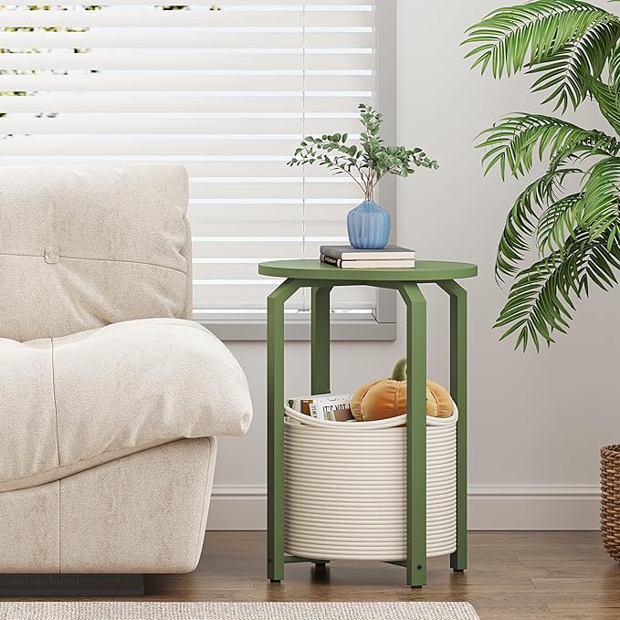 TUTOTAK Small Side Table, Oval End Table, Night Stand, Bedside Table, Sofa Table with Storage Basket, Living Room, Bed Room, Olive Green TB01BOG093